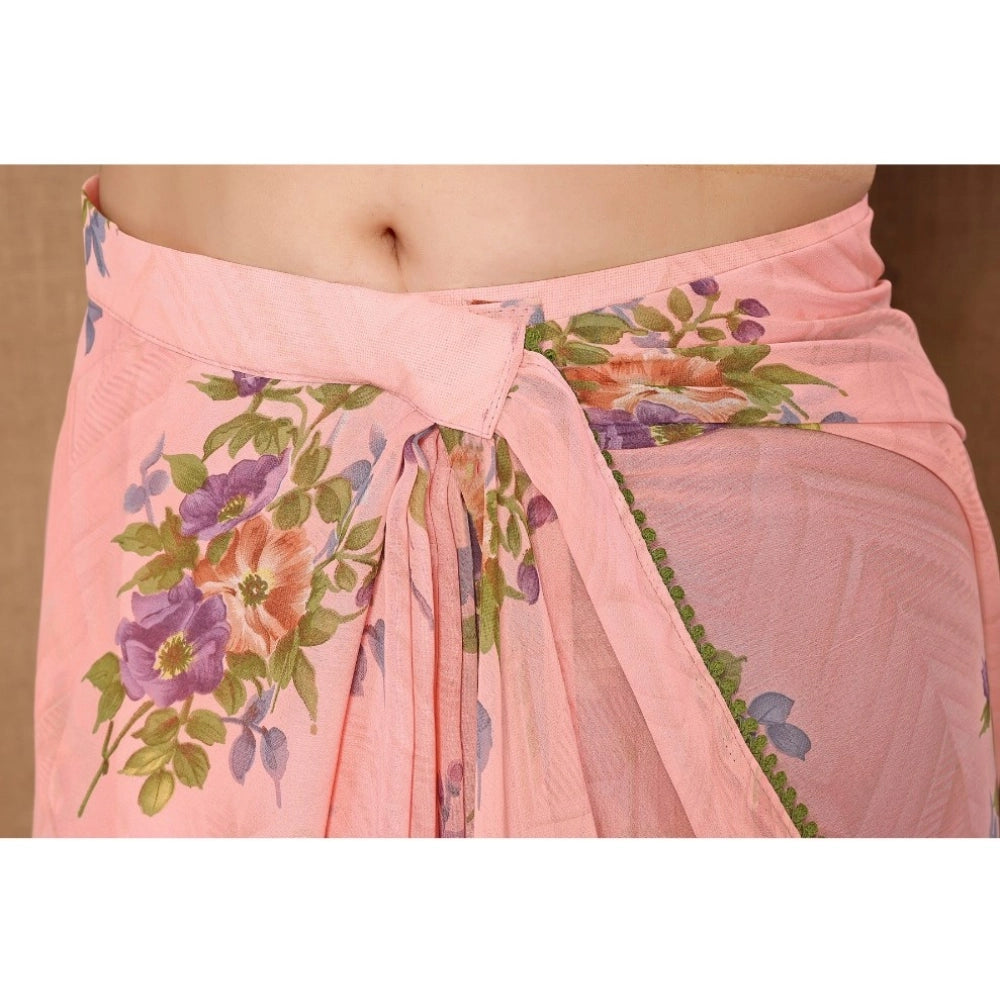 Women's Small Lace Georgette Printed Ready-to-Wear Saree With Unstitched Blouse 5.5 Mtr (Peach)