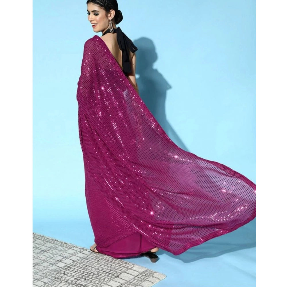 Women'S Georgette Embellished Sequnece Bollywood Saree With Un