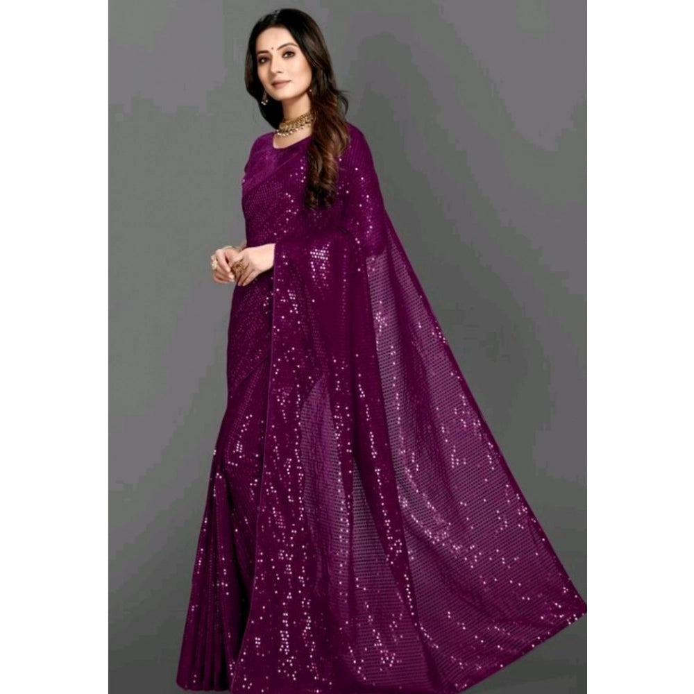 Women'S Georgette Embellished Sequnece Bollywood Saree With Un