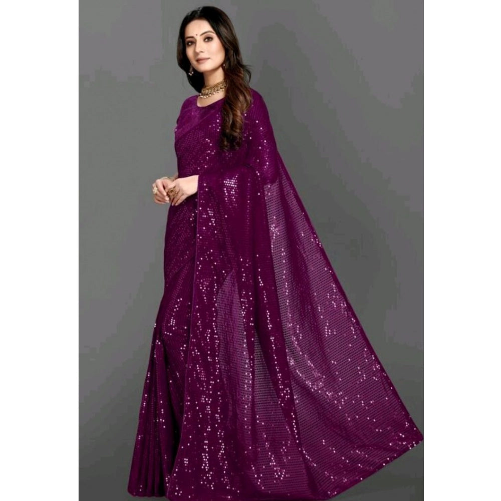 Women'S Georgette Embellished Sequnece Bollywood Saree With Un