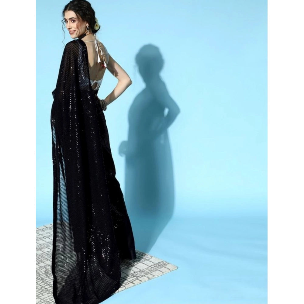 Women'S Georgette Embellished Sequnece Bollywood Saree With Un