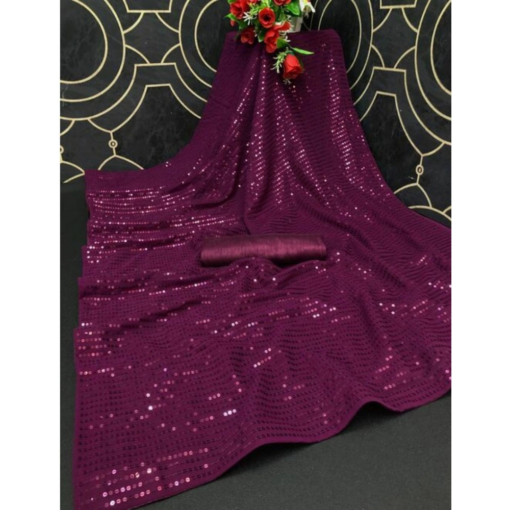 Women'S Georgette Embellished Sequnece Bollywood Saree With Un