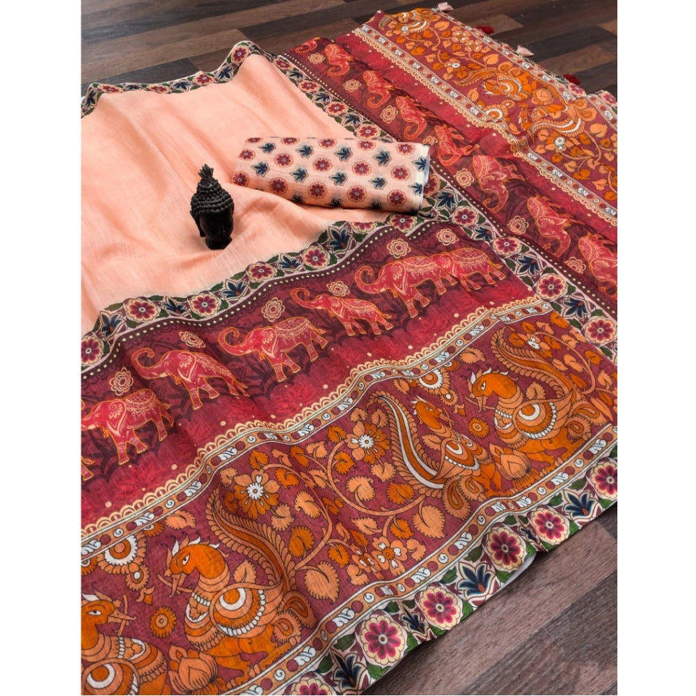 Women'S Linen Digital Print Saree With Unstitched Blouse 5.5Mt