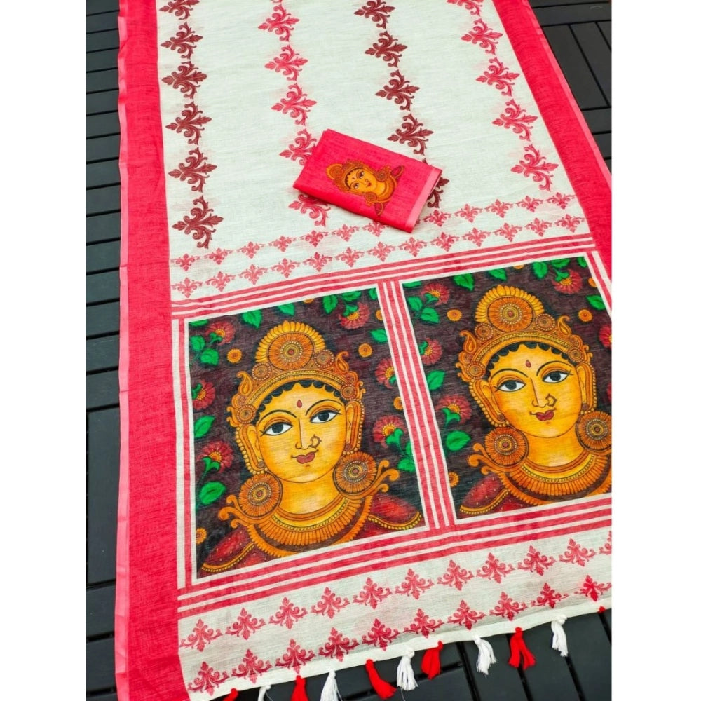 Women'S Linen Digital Print Saree With Unstitched Blouse 5.5Mt