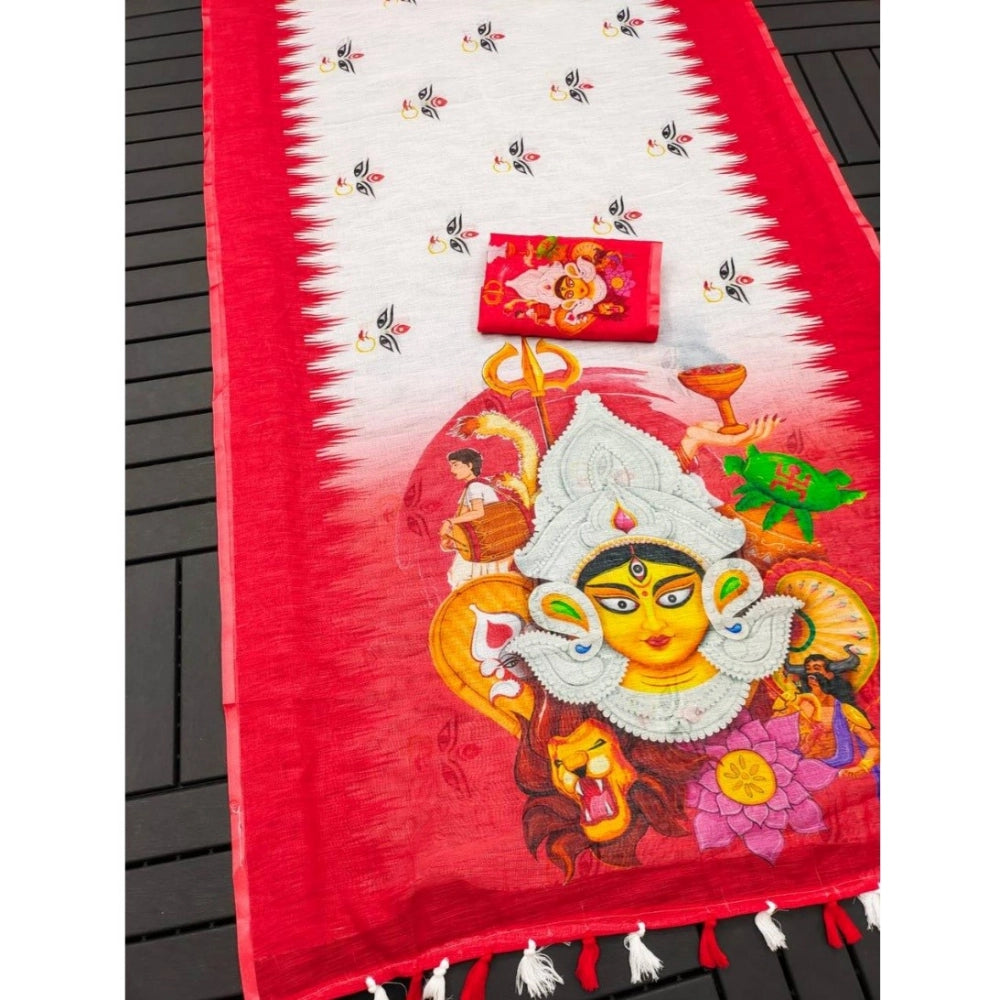Women'S Linen Digital Print Saree With Unstitched Blouse 5.5Mt