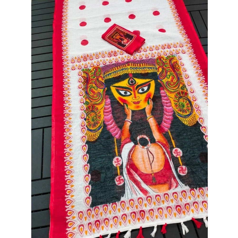 Women'S Linen Digital Print Saree With Unstitched Blouse 5.5Mt