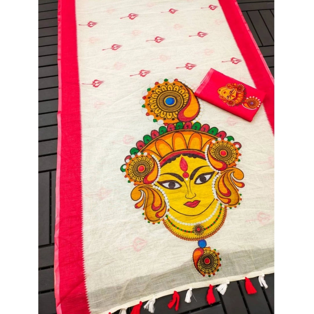 Women'S Linen Digital Print Saree With Unstitched Blouse 5.5Mt