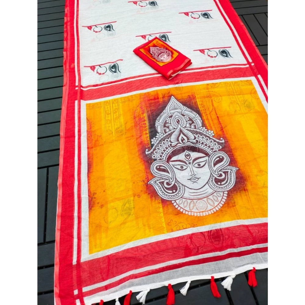 Women'S Linen Digital Print Saree With Unstitched Blouse 5.5Mt