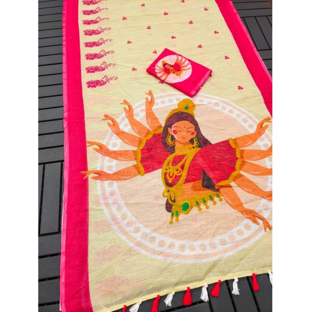 Women'S Linen Digital Print Saree With Unstitched Blouse 5.5Mt