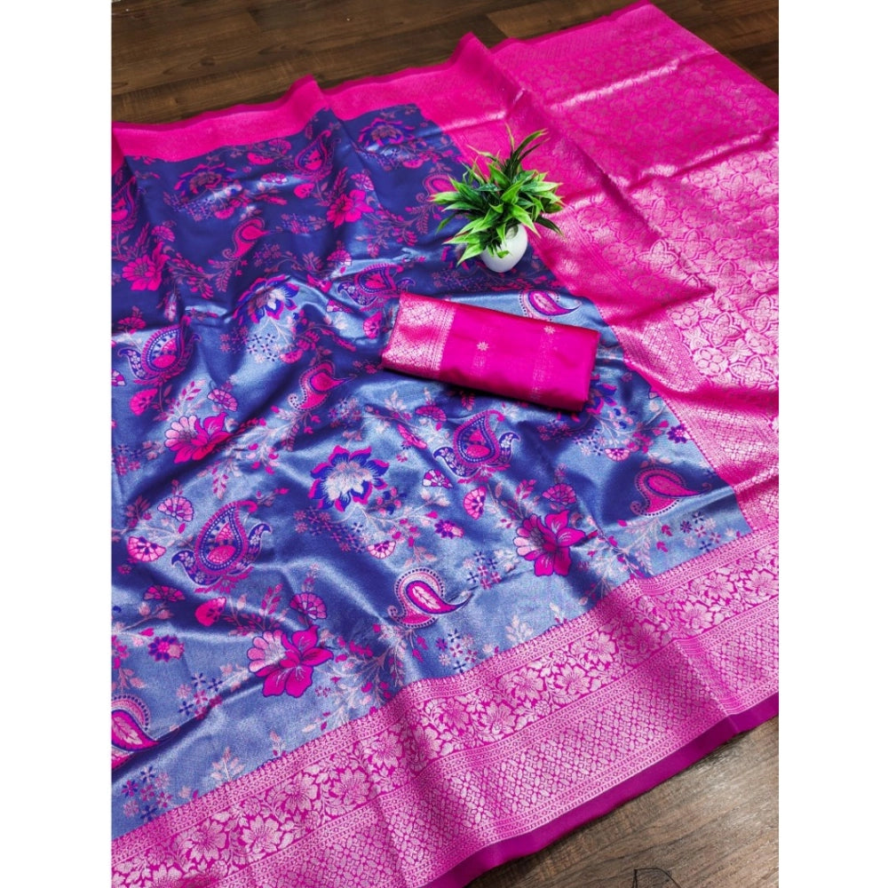 Women'S Banarasi Jacquard Printed Saree With Unstitched Blouse
