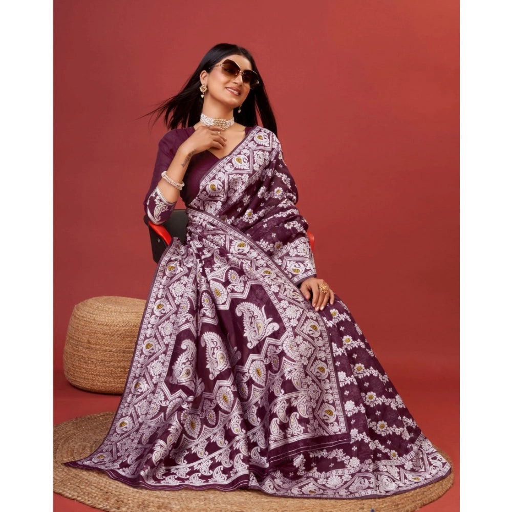 Women'S Cotton Silk Printed Saree With Unstitched Blouse 5.5Mt