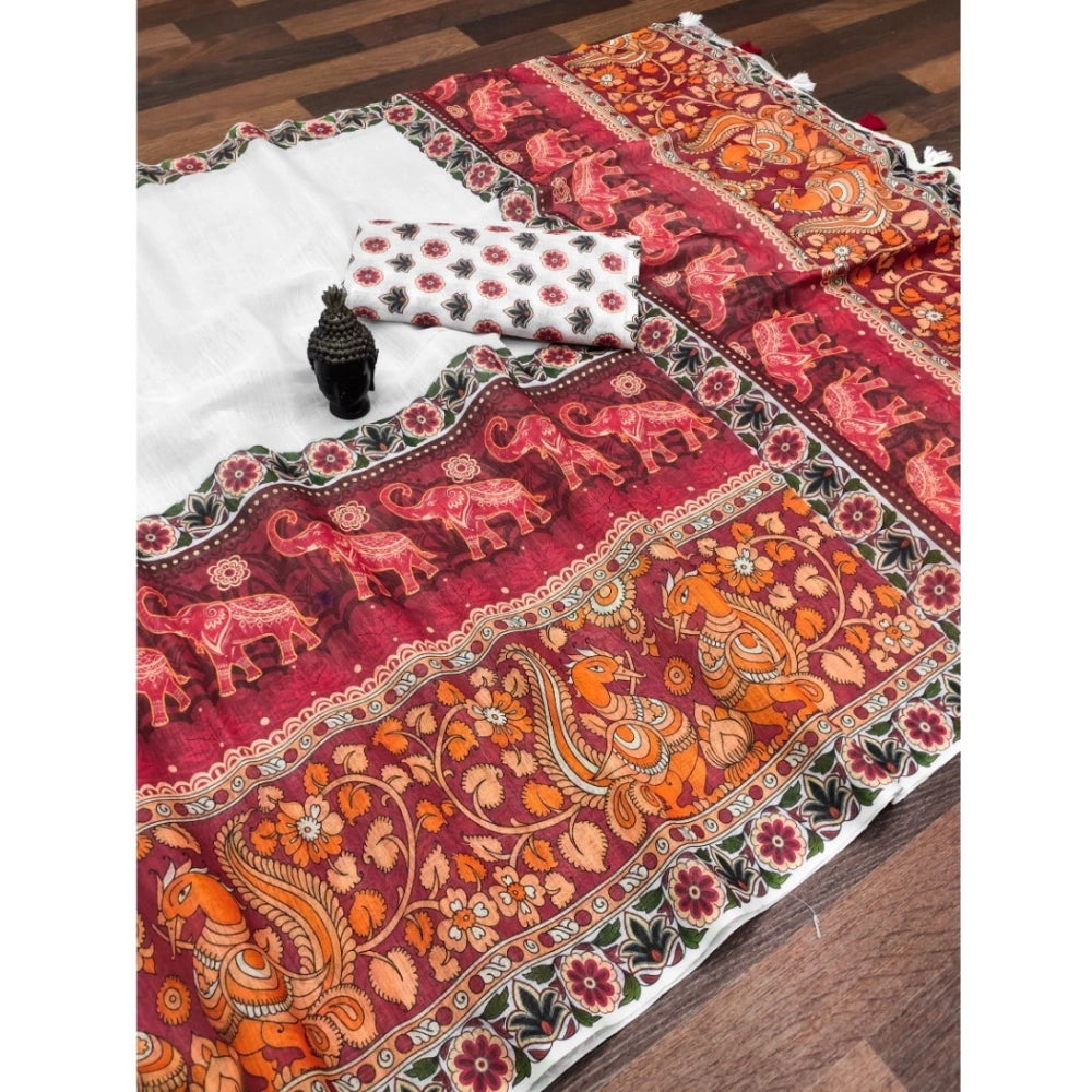 Women'S Linen Digital Print Saree With Unstitched Blouse 5.5Mt