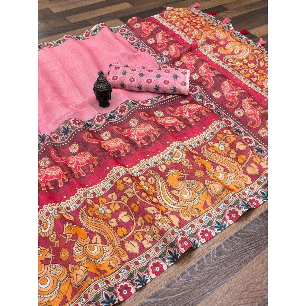 Women'S Linen Digital Print Saree With Unstitched Blouse 5.5Mt