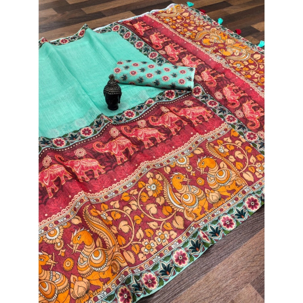 Women'S Linen Digital Print Saree With Unstitched Blouse 5.5Mt