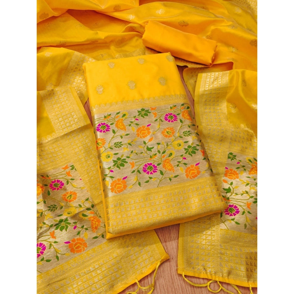 Women's Banarasi Silk Printed Unstitched Salwar Suit Material With Dupatta (Yellow, 3Mtrs)