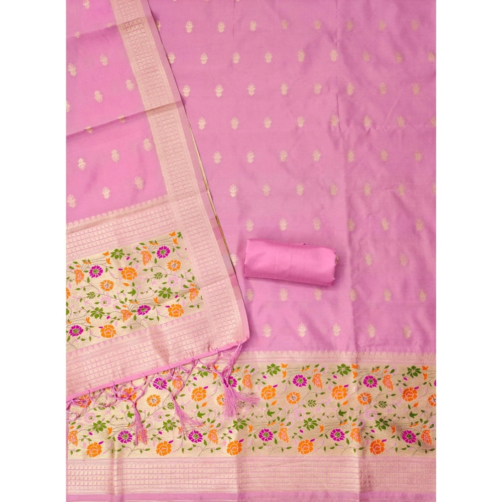 Women's Banarasi Silk Printed Unstitched Salwar Suit Material With Dupatta (Light Pink, 3Mtrs)