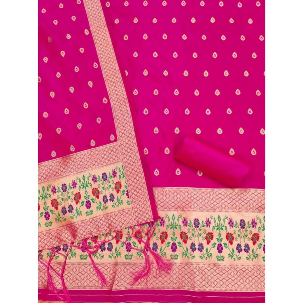 Women's Banarasi Silk Printed Unstitched Salwar Suit Material With Dupatta (Pink, 3Mtrs)
