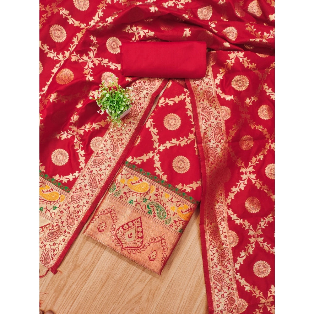 Women's Banarasi Silk Printed Unstitched Salwar Suit Material With Dupatta (Red, 3Mtrs)