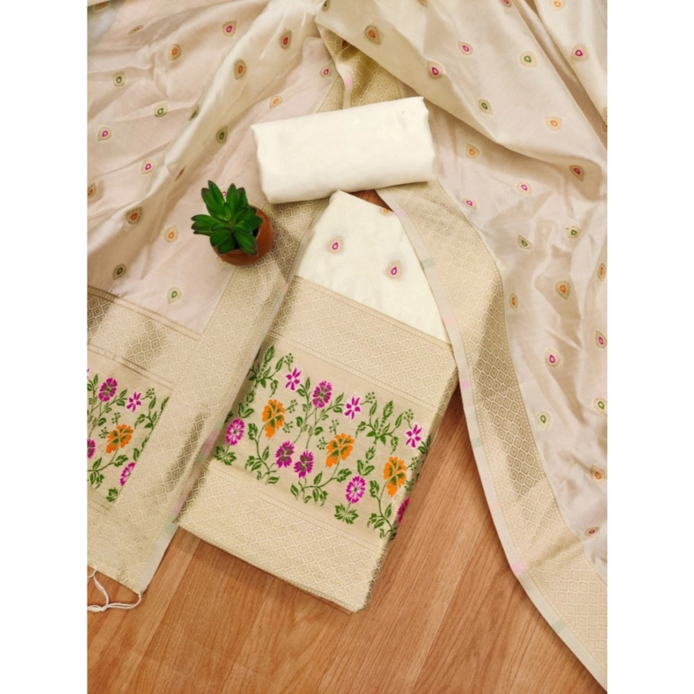 Women's Banarasi Silk Printed Unstitched Salwar Suit Material With Dupatta (White, 3Mtrs)