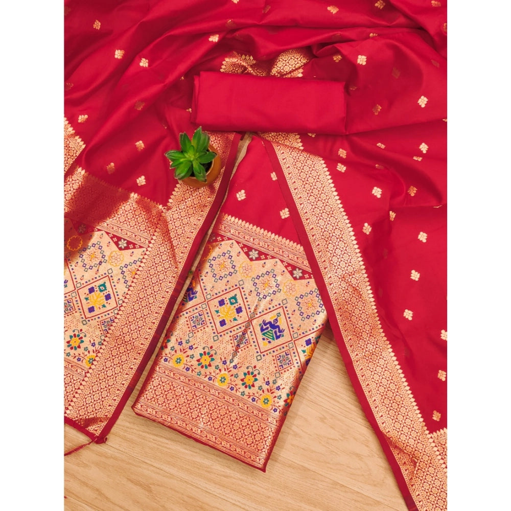 Women's Banarasi Silk Printed Unstitched Salwar Suit Material With Dupatta (Red, 3Mtrs)
