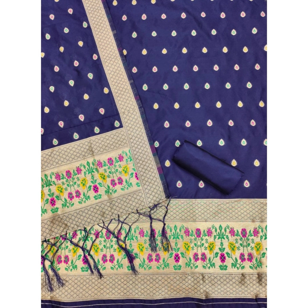 Women's Banarasi Silk Printed Unstitched Salwar Suit Material With Dupatta (Navy Blue, 3Mtrs)