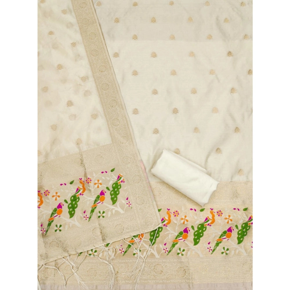 Women's Banarasi Silk Printed Unstitched Salwar Suit Material With Dupatta (White, 3Mtrs)