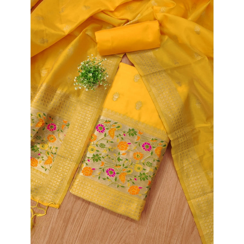 Women's Banarasi Silk Printed Unstitched Salwar Suit Material With Dupatta (Yellow, 3Mtrs)