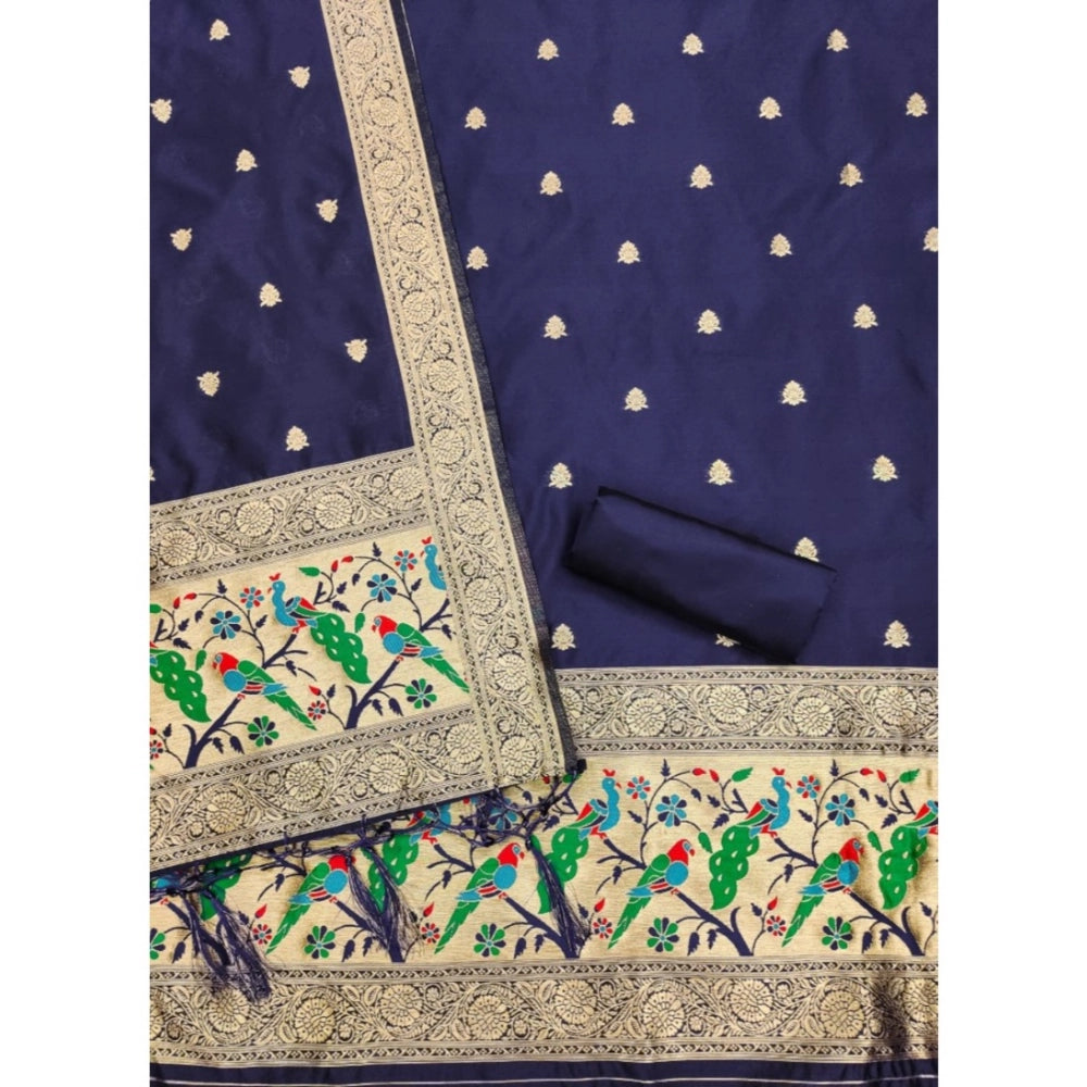 Women's Banarasi Silk Printed Unstitched Salwar Suit Material With Dupatta (Navy Blue, 3Mtrs)