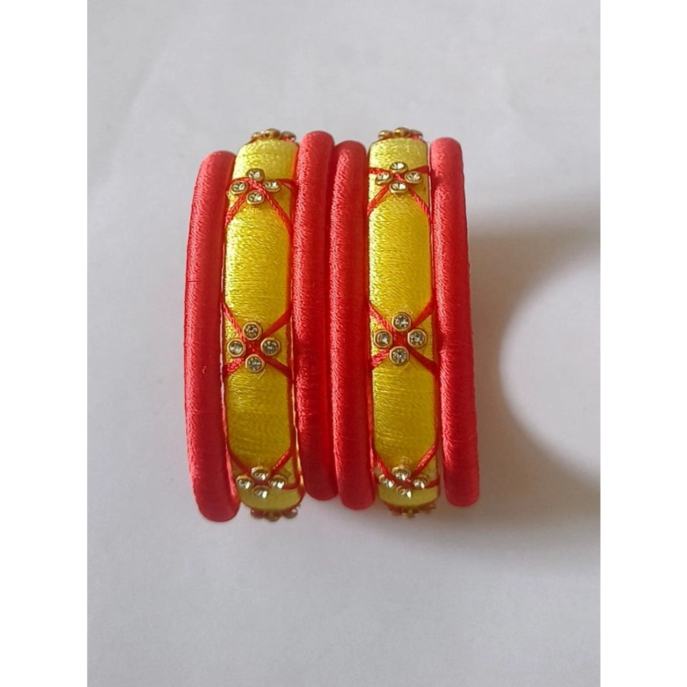 Women'S Plastic Silk Thread Bangles (Lemon Yellow, Size: 2.2)