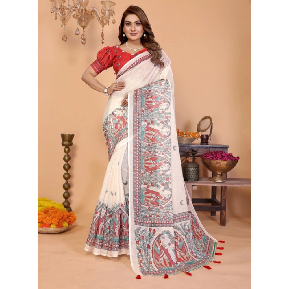 Women'S Linen Cotton Printed Saree With Unstitched Blouse 5.5M