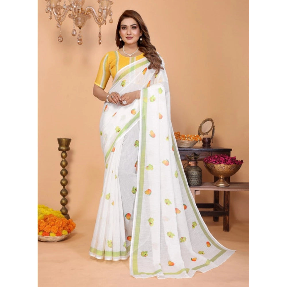 Women'S Linen Cotton Printed Saree With Unstitched Blouse 5.5M