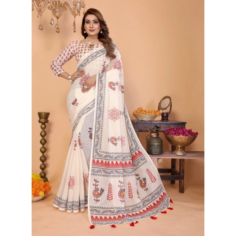 Women'S Linen Cotton Printed Saree With Unstitched Blouse 5.5M