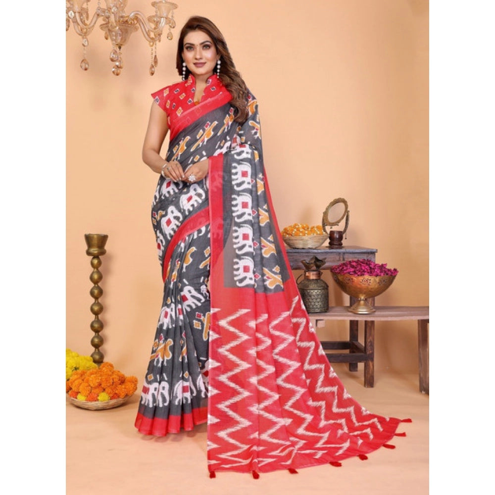 Women'S Linen Cotton Printed Saree With Unstitched Blouse 5.5M