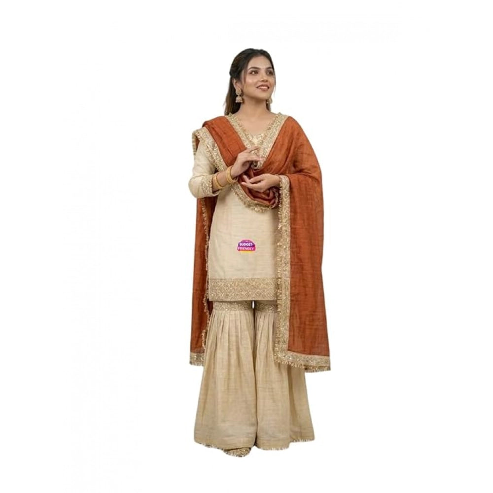 Women's Silk Embroidered 3/4th Sleeve V-Neck Kurti With Sharara Pant and Dupatta Set (Cream & Orange)