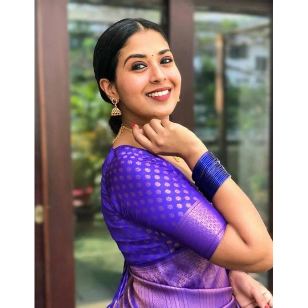 Women'S Litchi Silk Printed Saree With Unstitched Blouse (Purp
