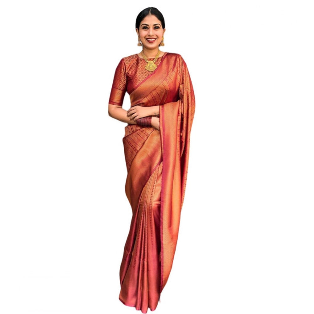 Women'S Litchi Silk Printed Saree With Unstitched Blouse (Red)