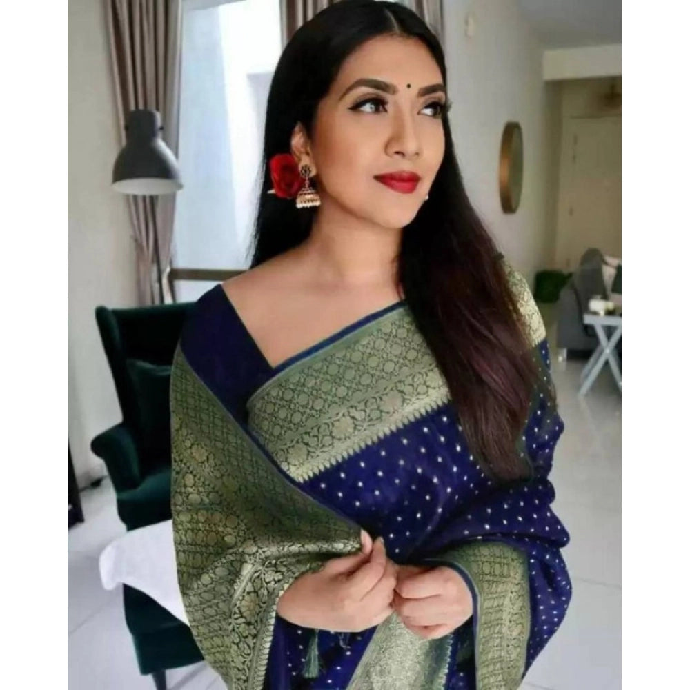 Women'S Litchi Silk Printed Saree With Unstitched Blouse (Blue