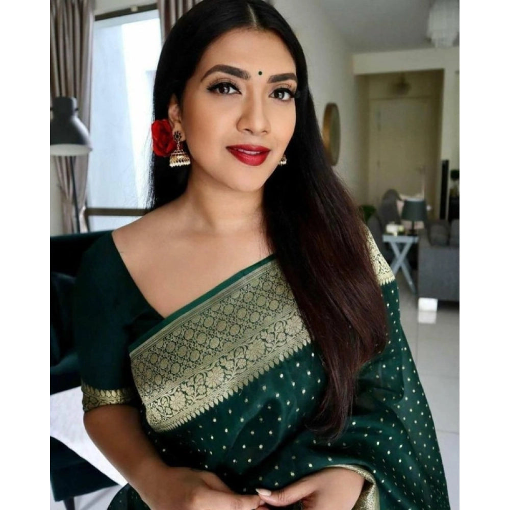 Women'S Litchi Silk Printed Saree With Unstitched Blouse (Gree