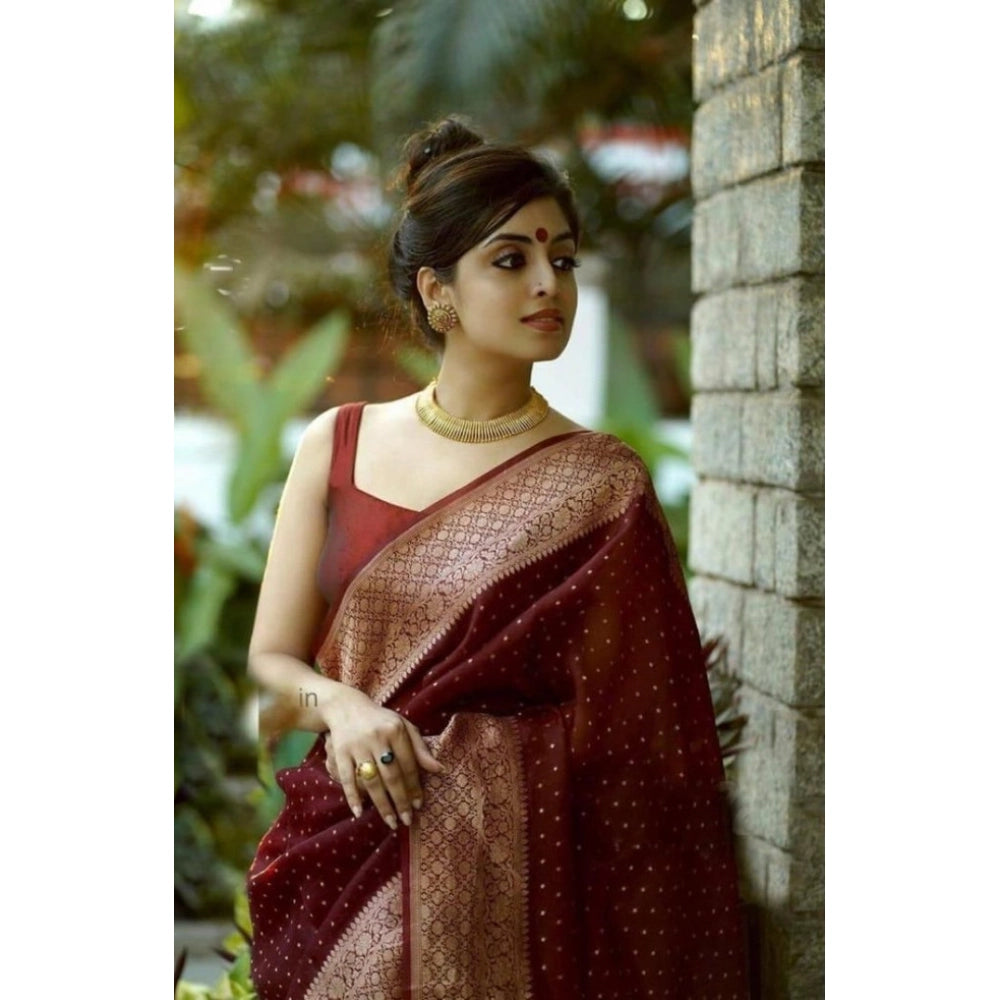 Women'S Litchi Silk Printed Saree With Unstitched Blouse (Maro
