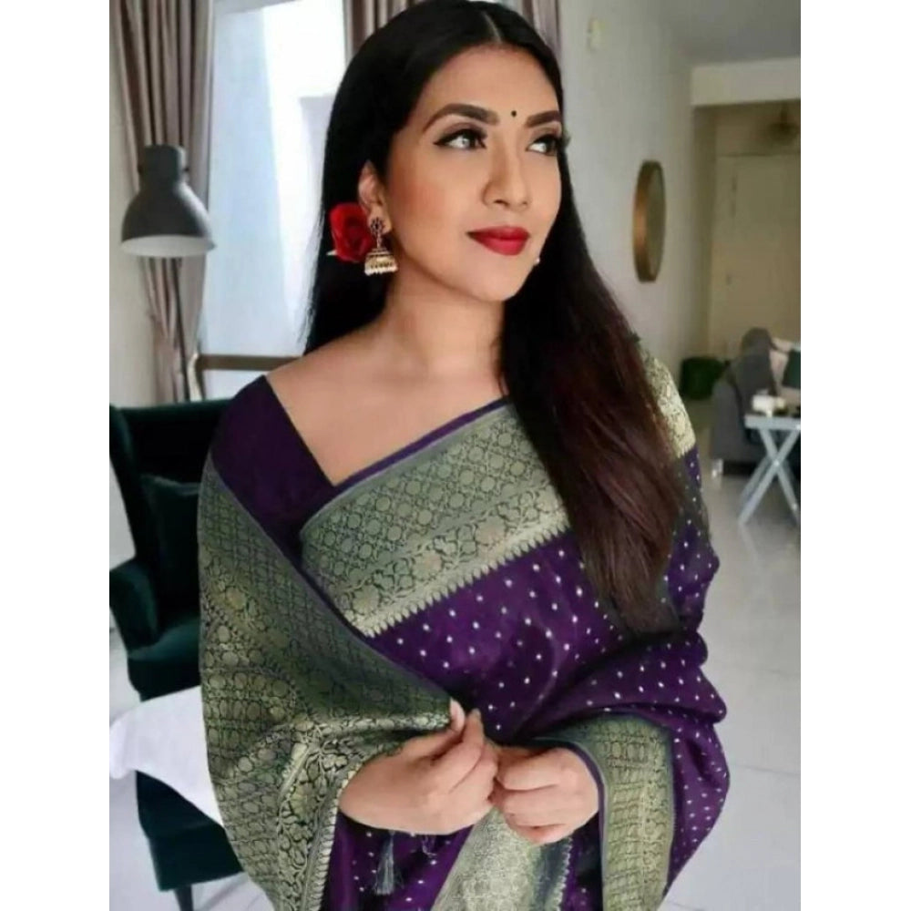 Women'S Litchi Silk Printed Saree With Unstitched Blouse (Purp