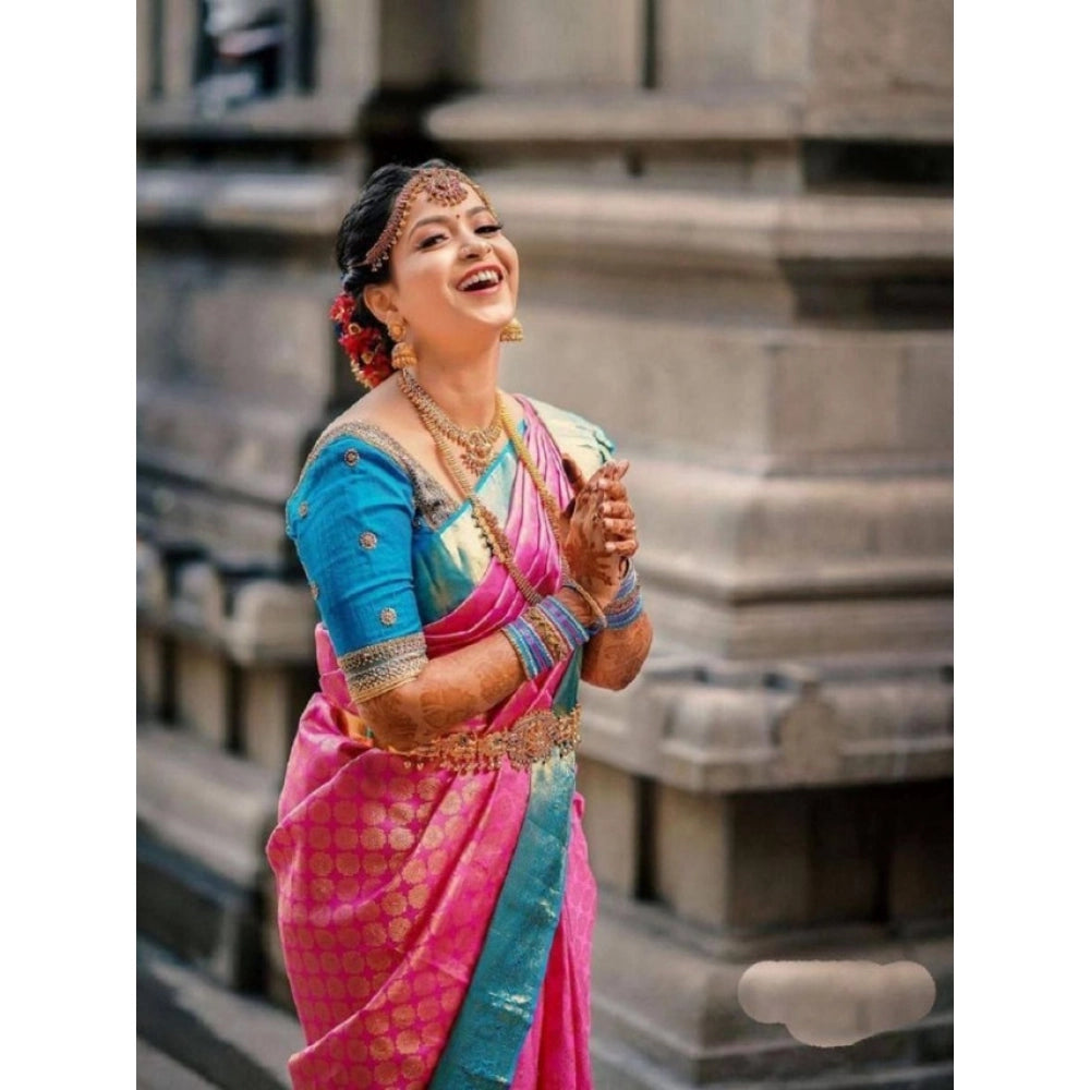 Women'S Litchi Silk Printed Saree With Unstitched Blouse (Pink