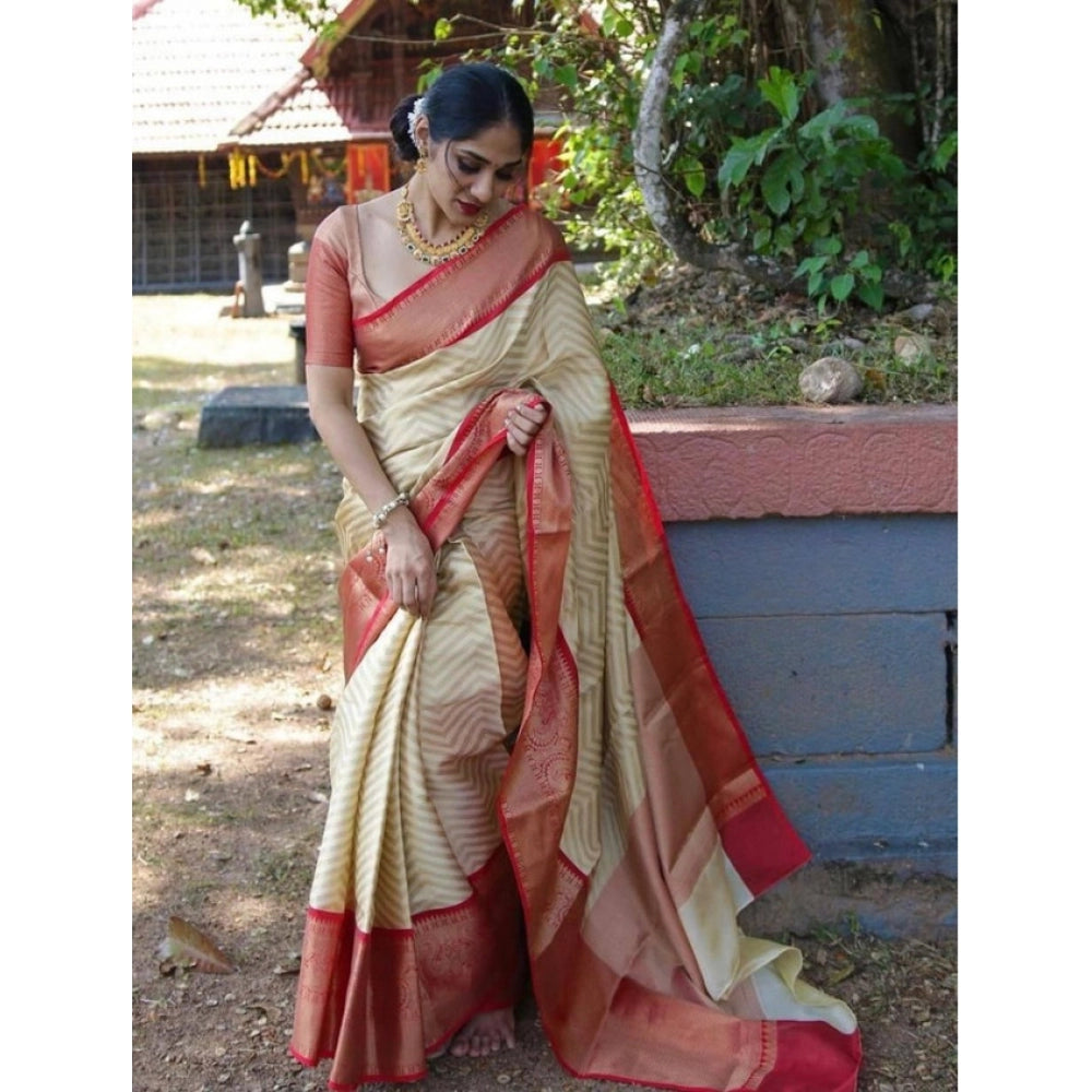 Women'S Litchi Silk Printed Saree With Unstitched Blouse (Beig