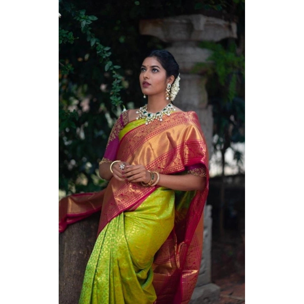 Women'S Litchi Silk Printed Saree With Unstitched Blouse (Gree