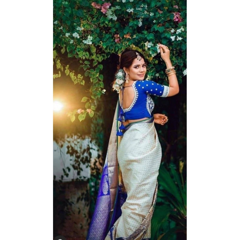 Women'S Litchi Silk Printed Saree With Unstitched Blouse (Off