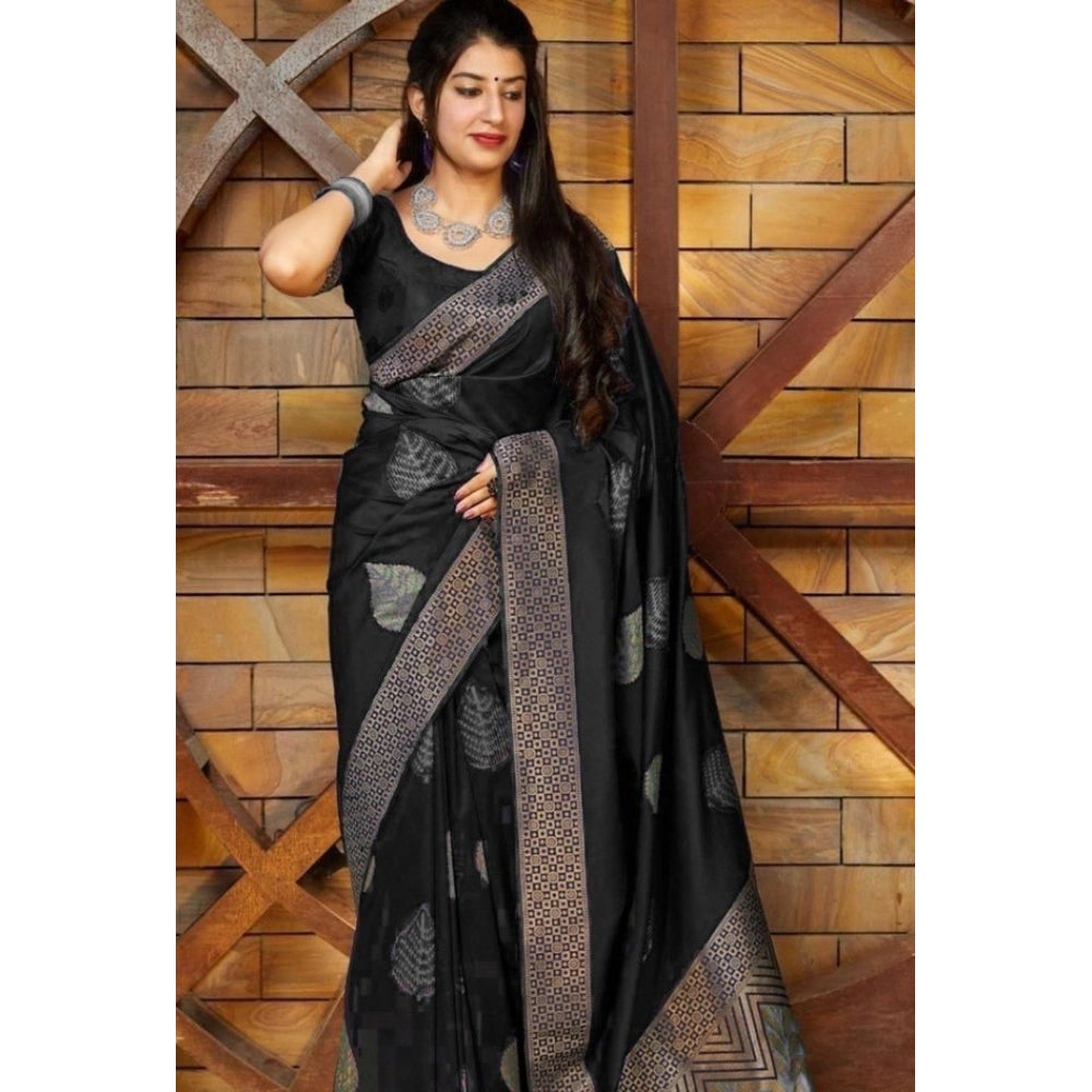 Women'S Litchi Silk Printed Saree With Unstitched Blouse (Blac