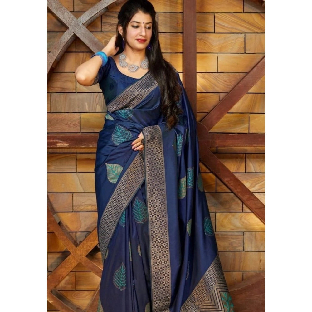 Women'S Litchi Silk Printed Saree With Unstitched Blouse (Blue