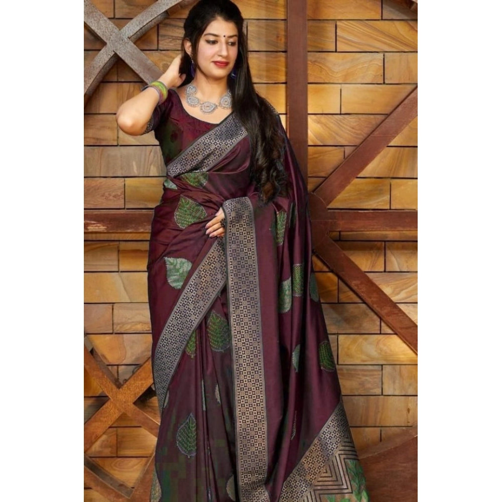 Women'S Litchi Silk Printed Saree With Unstitched Blouse (Maro