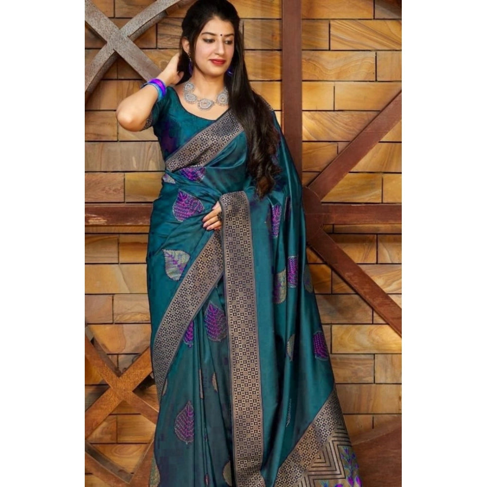 Women'S Litchi Silk Printed Saree With Unstitched Blouse (Rama