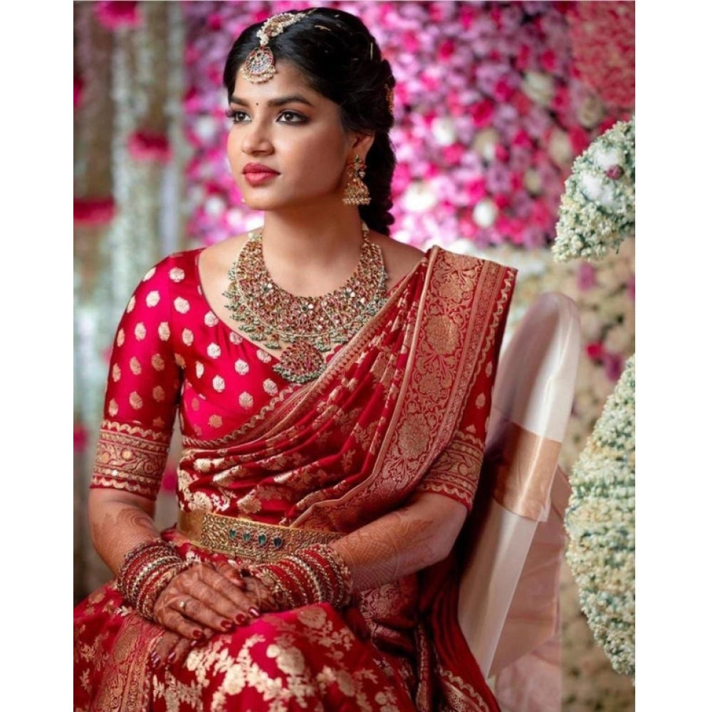 Women'S Litchi Silk Printed Saree With Unstitched Blouse (Red)