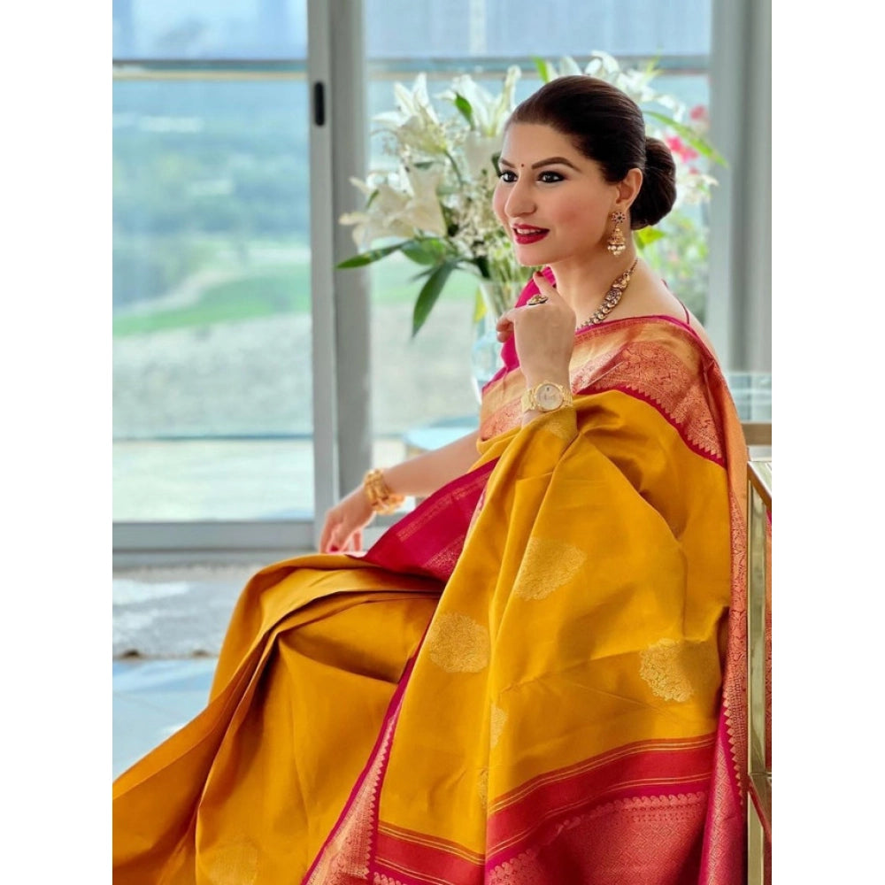 Women'S Litchi Silk Printed Saree With Unstitched Blouse (Yell